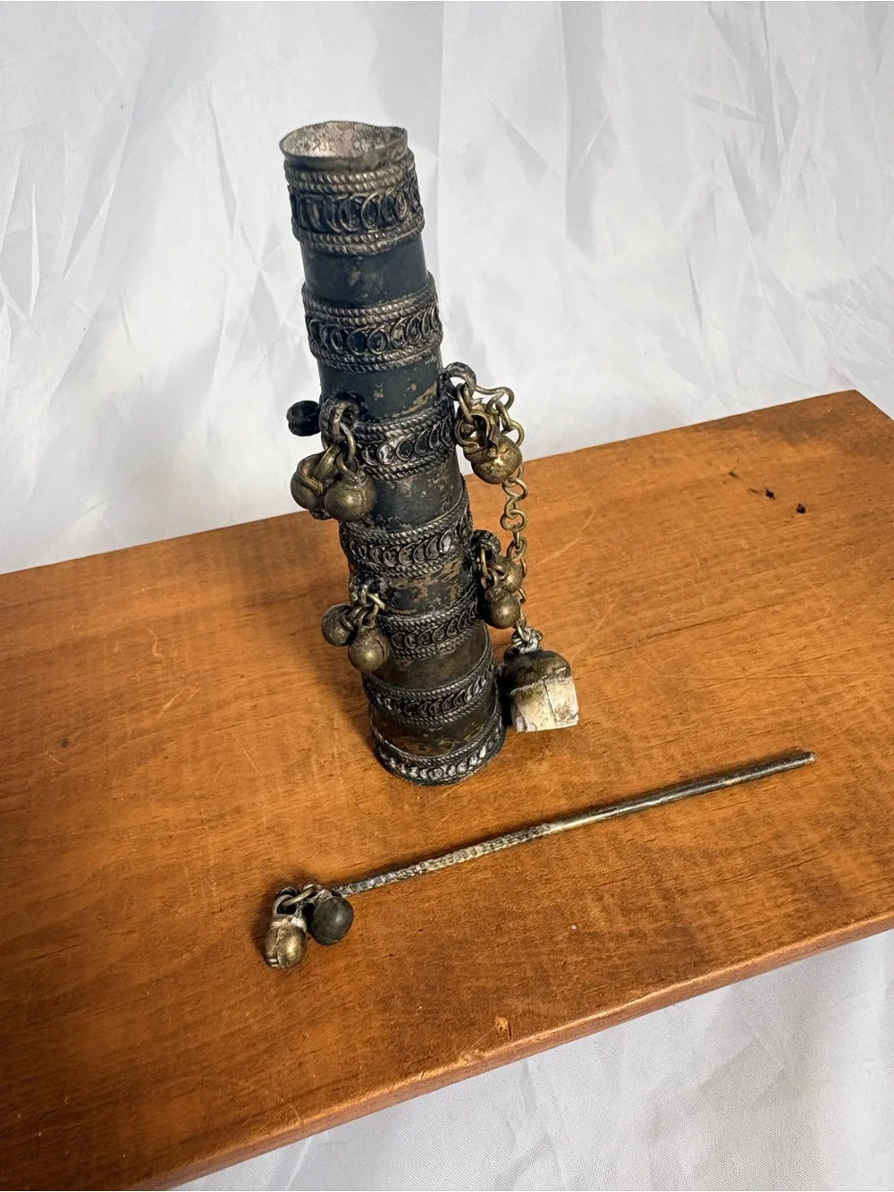 Antique Bedouin Brass Kohl Makeup Container With Needle Applicator